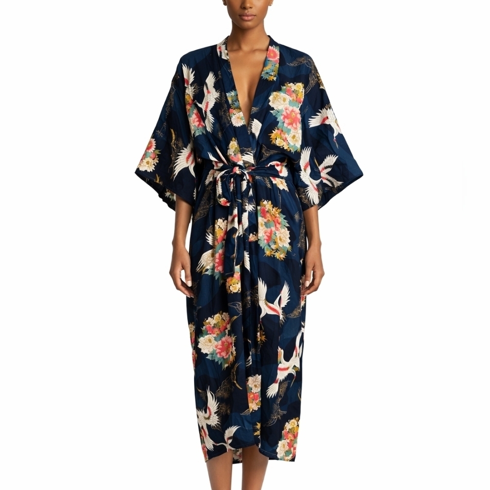 Vintage Made in Japan 100% Cotton Crane & Floral Kimono Robe Belted Boho Lounge